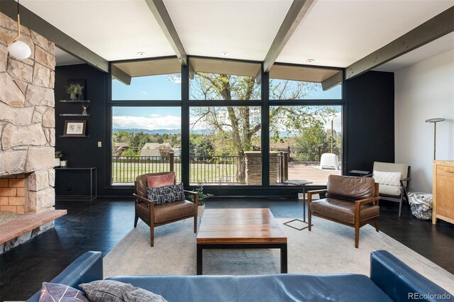 living room featuring a wall of windows, beamed ceiling, and wood finished floors