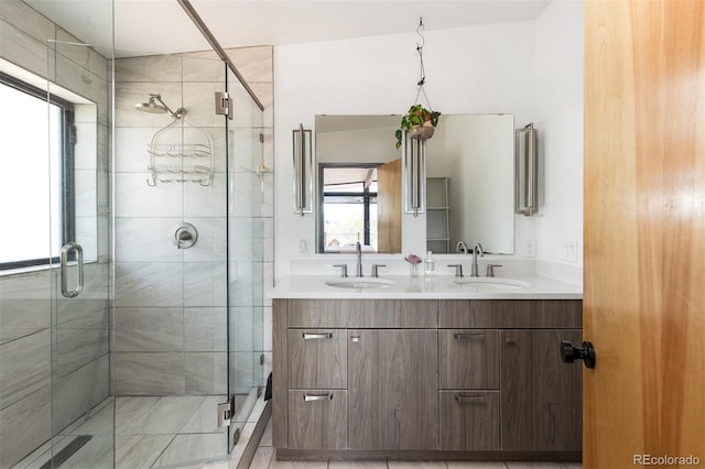 full bath featuring a stall shower and double vanity