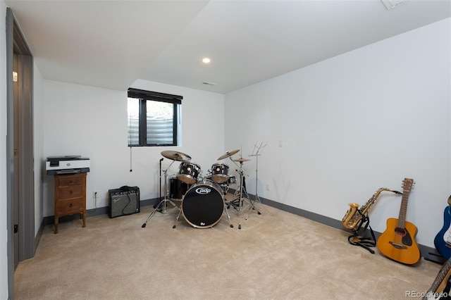 rec room with carpet flooring, baseboards, and recessed lighting