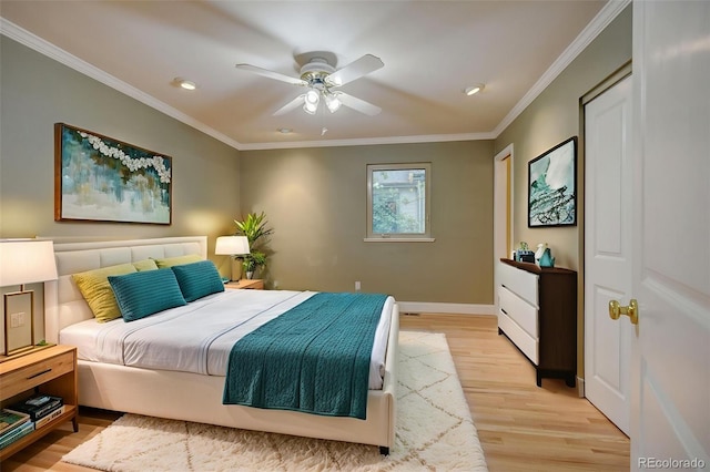 1275 Fairfax St, Denver, CO 80220 - bedroom featuring crown molding, light wood finished floors, recessed lighting, and ceiling fan