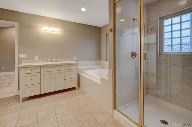 1275 Fairfax St, Denver, CO 80220 - bathroom featuring a bath, vanity, tiled shower, and tile patterned floors