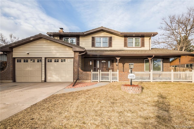 view of front of house featuring driveway, a porch, fence, an attached garage, and brick siding