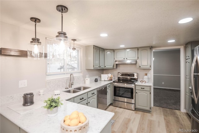 kitchen with appliances with stainless steel finishes, a peninsula, gray cabinetry, and a sink