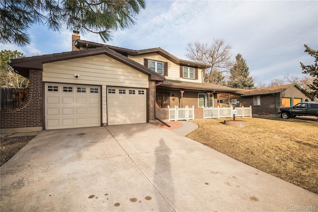 view of front of house featuring driveway, a porch, an attached garage, a chimney, and brick siding