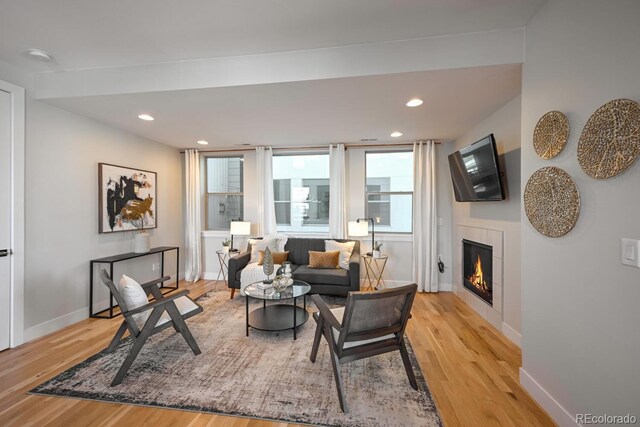 living room with a fireplace and light wood-type flooring