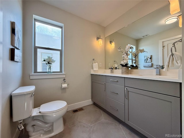 bathroom featuring vanity, tile patterned floors, and toilet