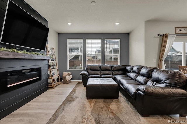 living room with light hardwood / wood-style flooring