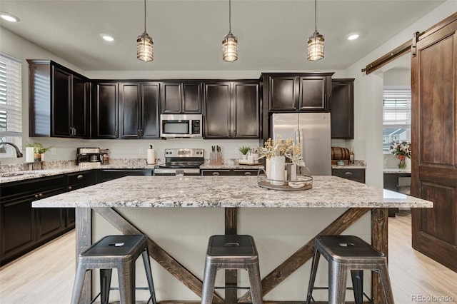 kitchen featuring stainless steel appliances, a barn door, hanging light fixtures, and a kitchen island