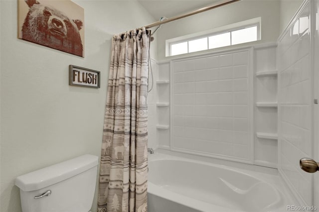 bathroom featuring toilet and shower / bath combo with shower curtain