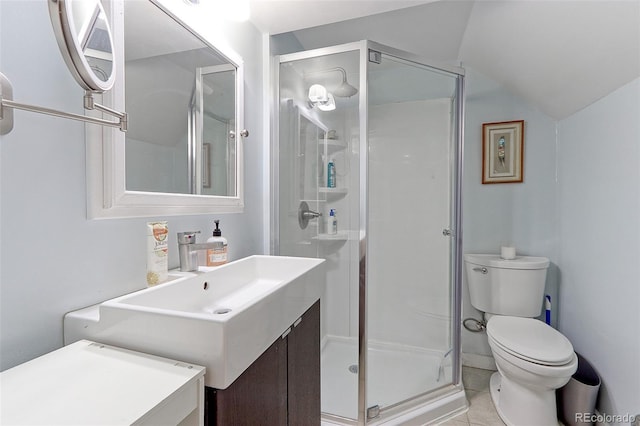1434 Osceola St, Denver, CO 80204 - full bathroom with toilet, a shower stall, vanity, and vaulted ceiling