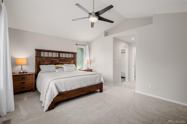 527 English Sparrow Trl, Highlands Ranch, CO 80129 - bedroom with lofted ceiling, carpet floors, baseboards, arched walkways, and ceiling fan