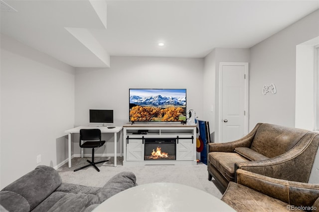 527 English Sparrow Trl, Highlands Ranch, CO 80129 - carpeted living area with recessed lighting, baseboards, and a glass covered fireplace