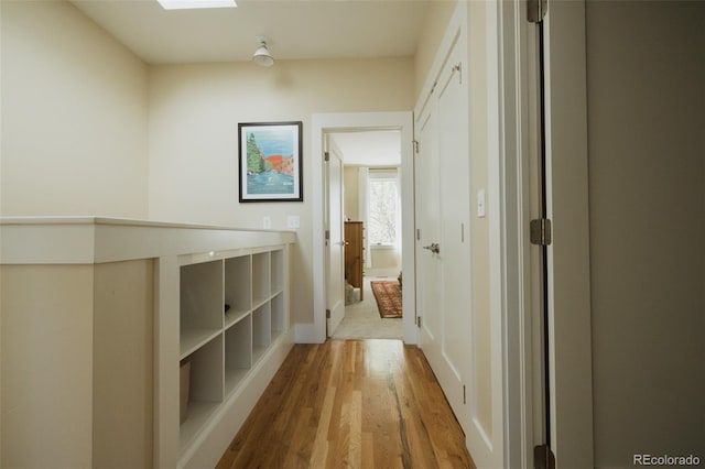 1008 River Park Rd, Buena Vista, CO 81211 - hallway featuring wood finished floors, a skylight, and baseboards