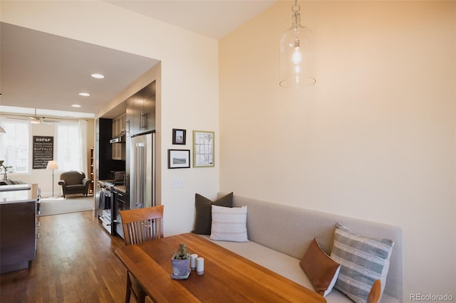 1008 River Park Rd, Buena Vista, CO 81211 - dining space with dark wood-type flooring, a ceiling fan, and recessed lighting