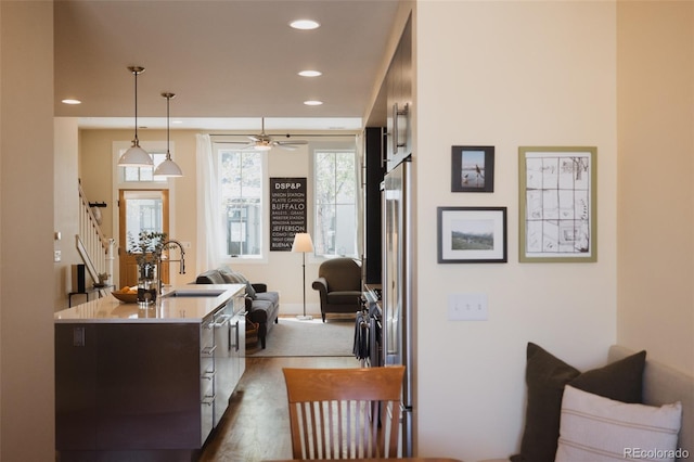 1008 River Park Rd, Buena Vista, CO 81211 - kitchen featuring a sink, recessed lighting, open floor plan, a ceiling fan, and dark wood-type flooring