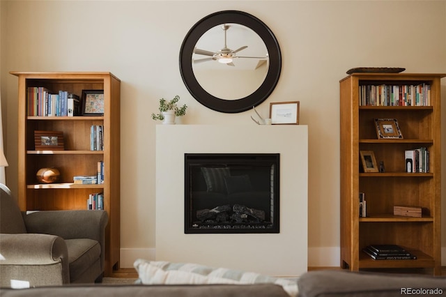 1008 River Park Rd, Buena Vista, CO 81211 - living room featuring a ceiling fan and a glass covered fireplace