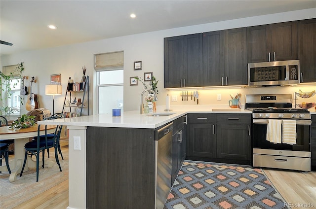 kitchen with kitchen peninsula, appliances with stainless steel finishes, a healthy amount of sunlight, sink, and light hardwood / wood-style flooring