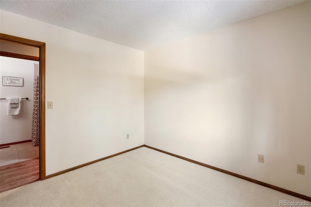 spare room featuring light colored carpet and a textured ceiling