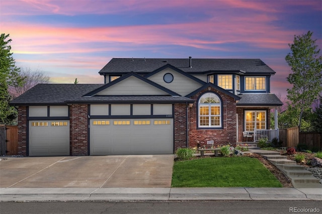 view of front of home featuring concrete driveway, an attached garage, brick siding, and a shingled roof
