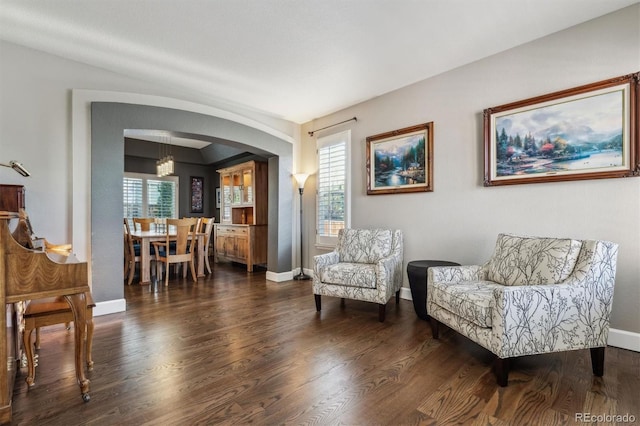 living area featuring healthy amount of natural light, wood finished floors, and baseboards