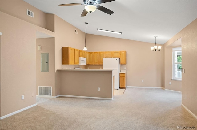 11640 W 62nd Pl Unit 203, Arvada, CO 80004 - kitchen featuring white appliances, electric panel, light colored carpet, a chandelier, and a ceiling fan