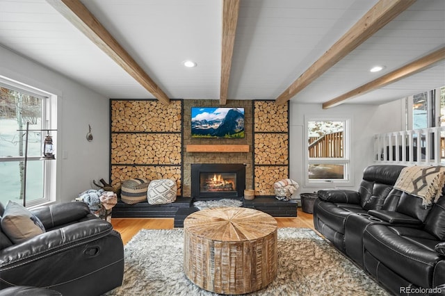 living room featuring hardwood / wood-style flooring, a healthy amount of sunlight, and a large fireplace