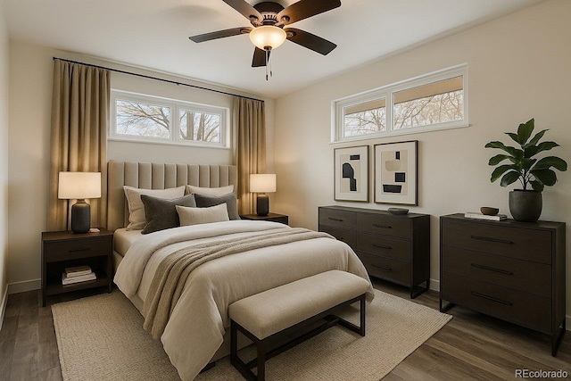 7065 Ingalls Ct, Arvada, CO 80003 - bedroom featuring multiple windows, dark wood-style floors, baseboards, and a ceiling fan