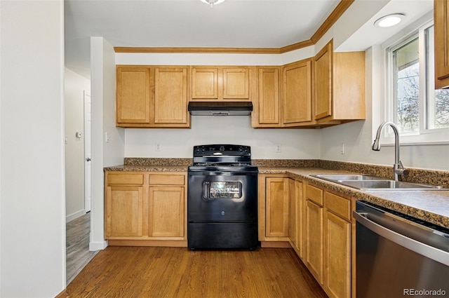 7065 Ingalls Ct, Arvada, CO 80003 - kitchen with black electric range, dishwasher, under cabinet range hood, dark wood-style flooring, and a sink