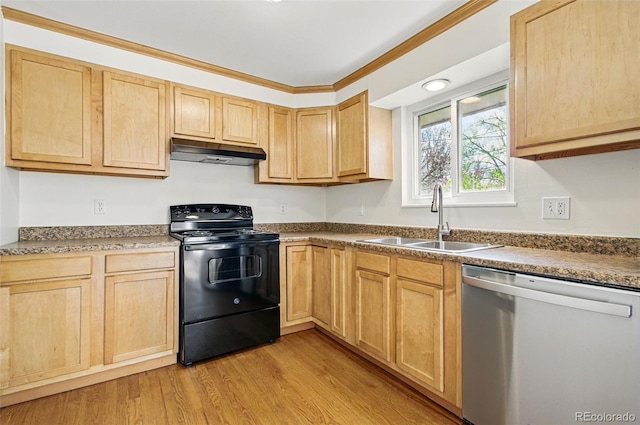 7065 Ingalls Ct, Arvada, CO 80003 - kitchen with black electric range oven, stainless steel dishwasher, under cabinet range hood, a sink, and light brown cabinets