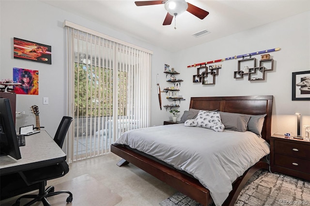 bedroom with access to outside and ceiling fan