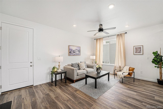 2054 S Upham Way, Denver, CO 80227 - living area with dark wood finished floors, a ceiling fan, and recessed lighting