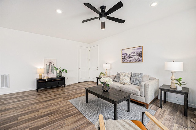 2054 S Upham Way, Denver, CO 80227 - living room featuring wood finished floors, a ceiling fan, and recessed lighting