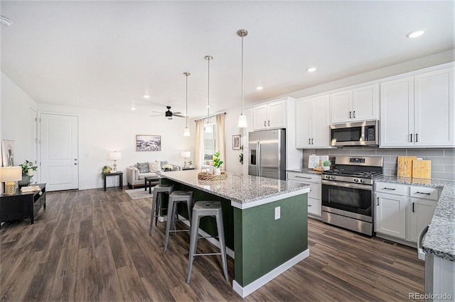 2054 S Upham Way, Denver, CO 80227 - kitchen featuring stainless steel appliances, dark wood-type flooring, open floor plan, a kitchen island, and recessed lighting