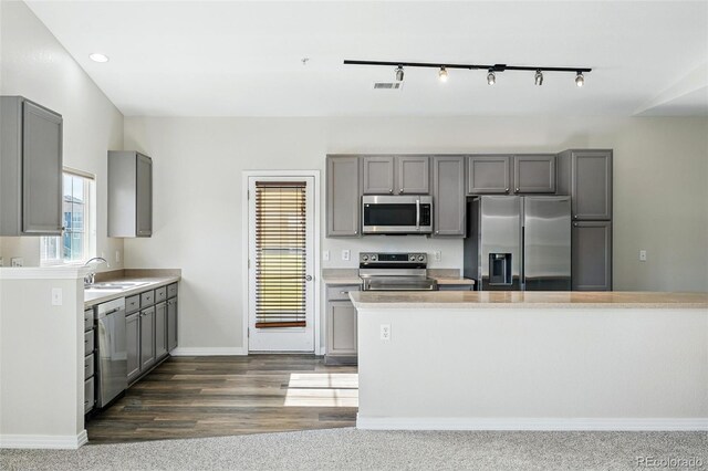 9434 Ashbury Cir Unit 203, Parker, CO 80134 - kitchen with stainless steel appliances, gray cabinets, plenty of natural light, and recessed lighting