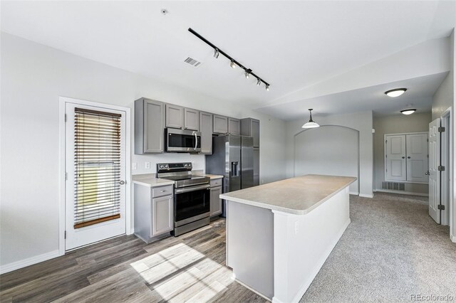 9434 Ashbury Cir Unit 203, Parker, CO 80134 - kitchen with stainless steel appliances, gray cabinetry, rail lighting, light countertops, and baseboards