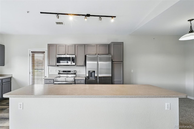 9434 Ashbury Cir Unit 203, Parker, CO 80134 - kitchen featuring stainless steel appliances, gray cabinetry, light countertops, rail lighting, and pendant lighting