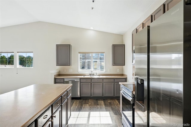 9434 Ashbury Cir Unit 203, Parker, CO 80134 - kitchen with appliances with stainless steel finishes, lofted ceiling, dark wood-style flooring, a sink, and gray cabinetry
