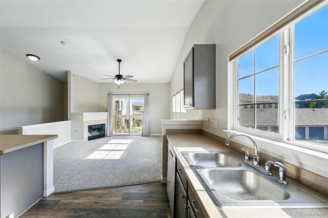 9434 Ashbury Cir Unit 203, Parker, CO 80134 - kitchen with lofted ceiling, a sink, dark wood finished floors, a ceiling fan, and a glass covered fireplace