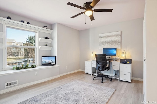 office with ceiling fan and light hardwood / wood-style floors