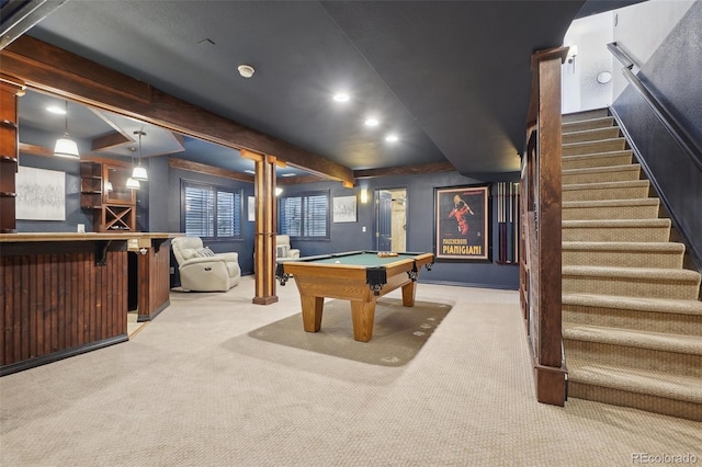 playroom featuring bar area, billiards, light colored carpet, and beam ceiling