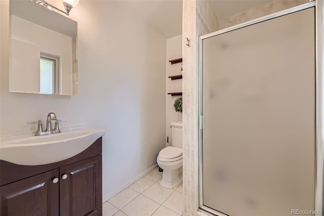 1477 S Wright St, Lakewood, CO 80228 - bathroom featuring vanity, toilet, tile patterned flooring, and a shower stall