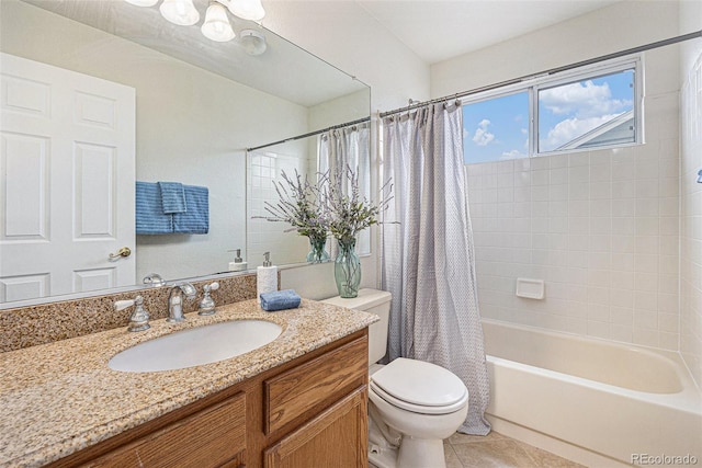 full bathroom with vanity, shower / tub combo, tile patterned flooring, and toilet