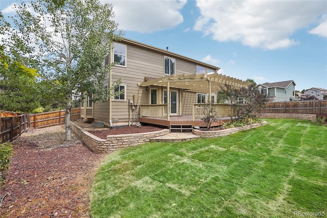 rear view of property with a yard, a fenced backyard, a wooden deck, and a pergola