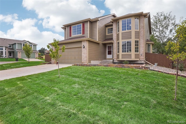 view of front of home featuring brick siding, concrete driveway, an attached garage, a front yard, and fence