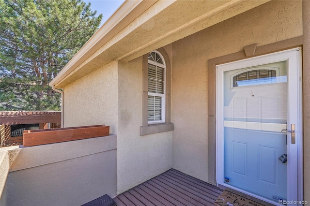 entrance to property featuring stucco siding