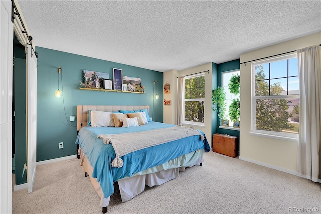 carpeted bedroom with a barn door, baseboards, and a textured ceiling