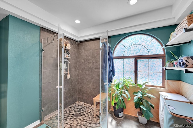 full bathroom featuring a shower stall and recessed lighting