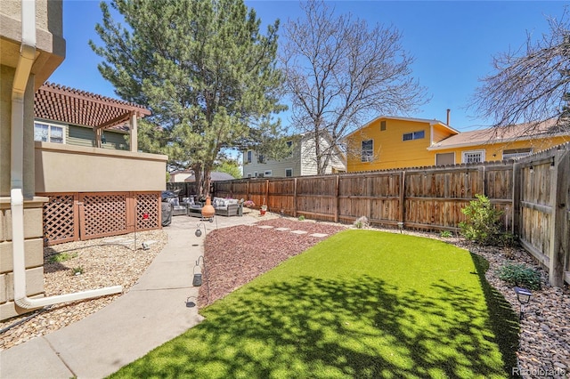 view of yard featuring outdoor lounge area, a patio area, and a pergola