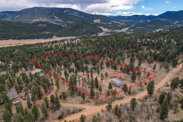 64 Elk Horn Ct, Bailey, CO 80421 - bird's eye view with a wooded view and a mountain view