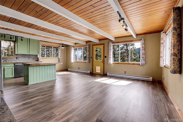 64 Elk Horn Ct, Bailey, CO 80421 - unfurnished living room with dark wood-style floors, beamed ceiling, and a baseboard heating unit